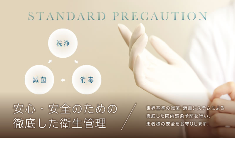 「安心・安全のための徹底した衛生管理」世界基準の滅菌・消毒システムによる徹底した院内感染予防を行い、患者様の安全をお守りします。